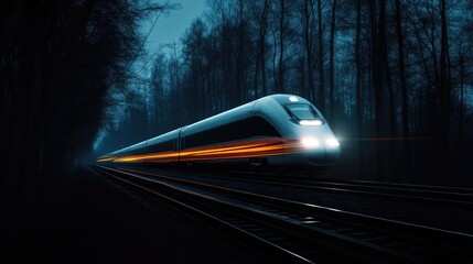 Obraz premium A high-speed train zipping through a dark forest at night, with the train headlights illuminating the trees and creating stark shadows