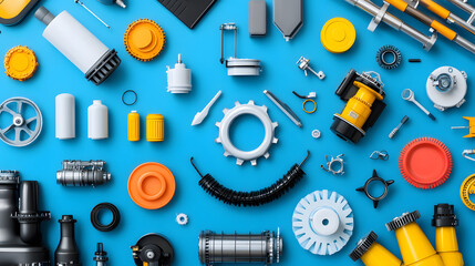 Industrial equipment components workshop product photography blue background overhead view mechanical assembly