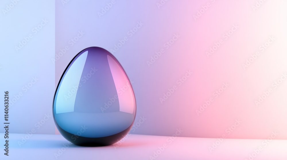 Poster shiny egg object in corner with gradient background.