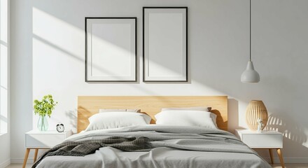 An empty or blank poster frames above the bed on the wall in the master bedroom 3d illustration image.