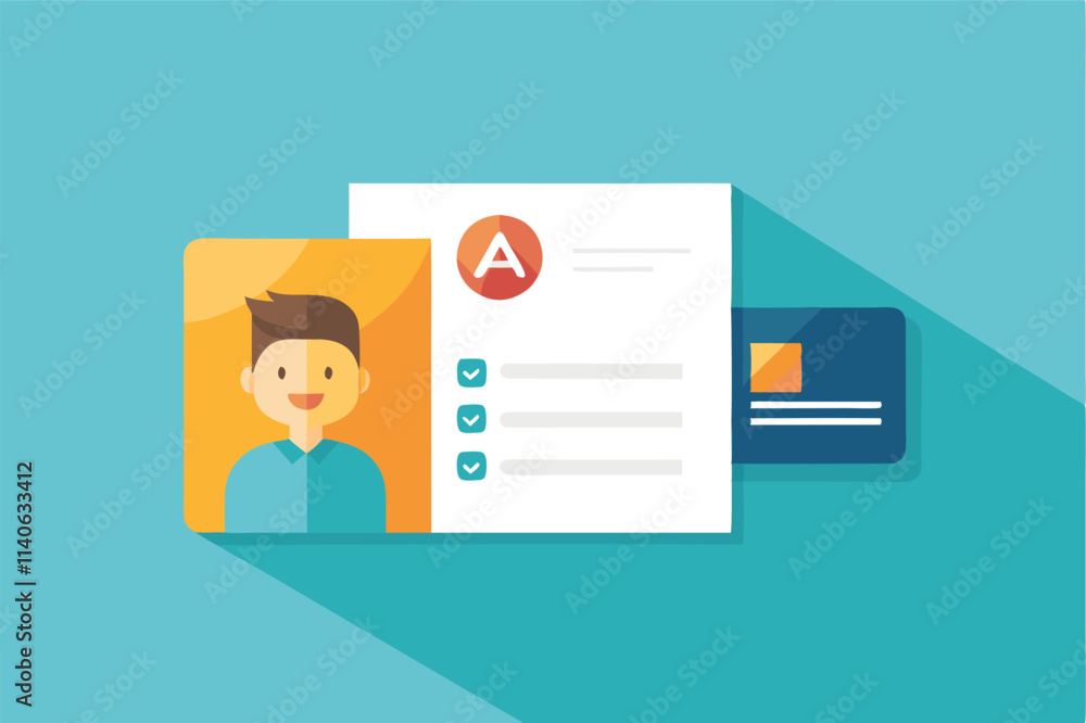 Aufkleber vector illustration of a user profile and identification card with a smiling character and checklist