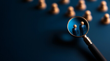 Magnifying glass focusing on two wooden figures among others.