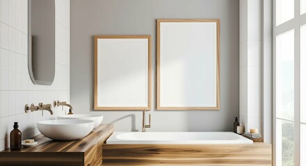 Fototapeta premium An interior room with blank rectangular photo frames on the wall 3d illustration mock-up template. 