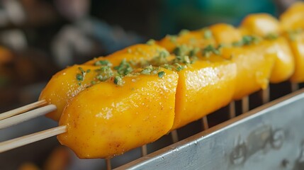 A spicy fresh mango on a stick at a street food at a festival