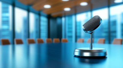 Microphone on a conference table in a modern boardroom setting.