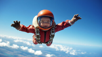 a baby in space skydiving. 