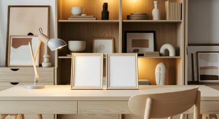An interior room with blank rectangular photo frames on the wall 3d illustration mock-up template.	
