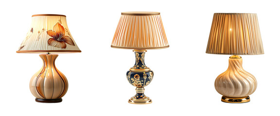 Classic decorative table lamps with intricate designs, floral patterns, and pleated lampshades, perfect for elegant interiors. Transparent PNG.