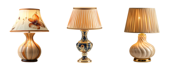 Classic decorative table lamps with intricate designs, floral patterns, and pleated lampshades, perfect for elegant interiors. Transparent PNG.
