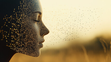 A concept photo of AI Singularity and the connection of humans and AI using the rule of thirds photography 