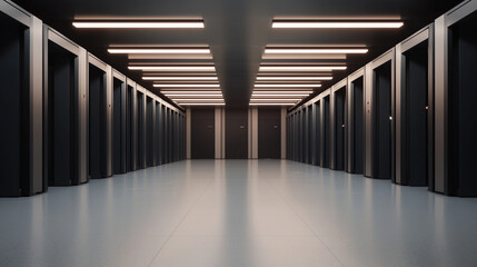 Fototapeta premium Modern data center with server racks and bright lighting.