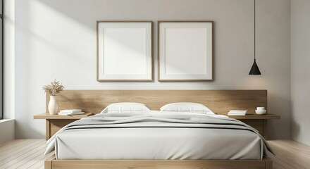 An empty or blank poster frames above the bed on the wall in the master bedroom 3d illustration image.