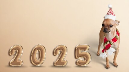 Stylish dog with festive 2025 text. Happy New Year.