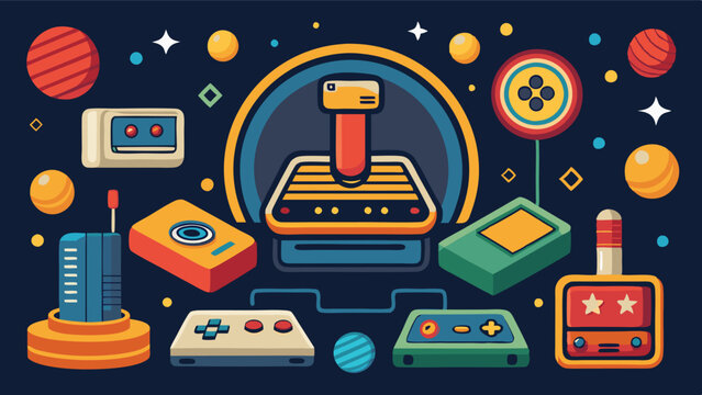 Collection of retro and modern gaming devices and accessories with vibrant colors and playful designs