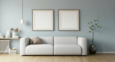 Fototapeta premium A modern living room with a sofa against a wall featuring blank poster frames in wooden frame borders 3d illustration template. Empty photo frame mock-up template. 