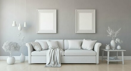 A modern living room with a sofa against a wall featuring blank poster frames in wooden frame borders 3d illustration template. Empty photo frame mock-up template.	