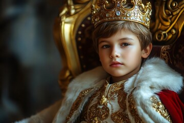 Portrait of little boy king wearing golden crown sitting on throne