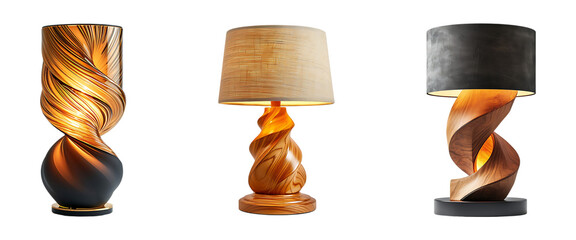 Artistic table lamps with twisted wooden and glass bases, featuring warm glowing light and contemporary designs. Transparent PNG.
