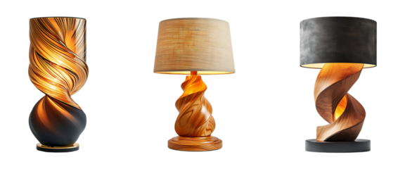 Artistic table lamps with twisted wooden and glass bases, featuring warm glowing light and contemporary designs. Transparent PNG.