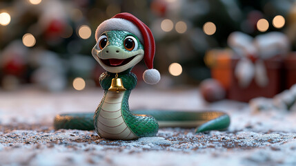Excited Festive Snake with a Santa Hat and Golden Bell in a Holiday Scene