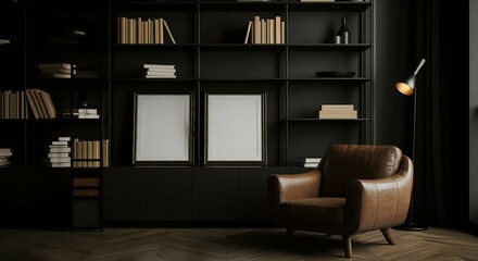 An interior room with blank rectangular photo frames on the wall 3d illustration mock-up template.