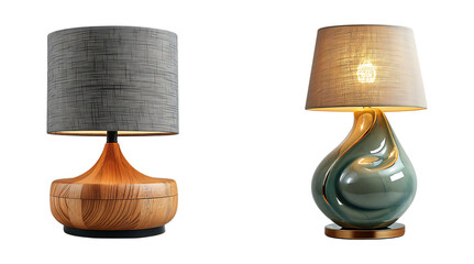 Modern table lamps featuring wood and glass bases with textured fabric shades, perfect for stylish and contemporary interiors. Transparent PNG.