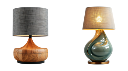 Modern table lamps featuring wood and glass bases with textured fabric shades, perfect for stylish and contemporary interiors. Transparent PNG.