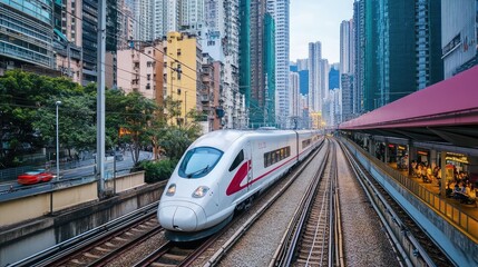 Naklejka premium A high-speed train zooming through a dense urban area, with towering skyscrapers and bustling streets visible outside the windows