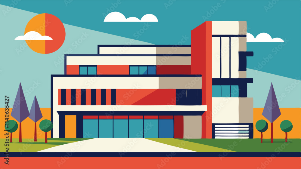 Poster modern architectural design featuring a vibrant building amid stylized trees and nature in a serene 