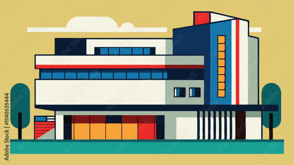 Poster modern architectural design featuring a vibrant building amid stylized trees and nature in a serene 