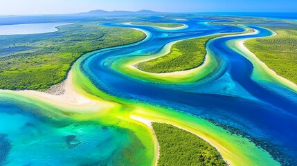 Aerial view showcasing turquoise lagoons bordered by vibrant mangroves and featuring a blue carbon landscape.