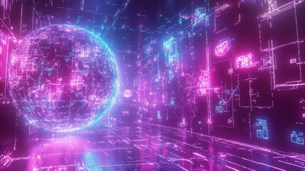 Fototapeta premium A digital Earth connected by glowing trading routes, with holographic visualizations of export/import symbols, modern, high detail, neon finish