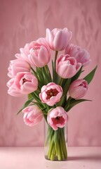 Delicate pink tulips arranged in a loose bouquet on a soft pink background , pink flowers, blossoms