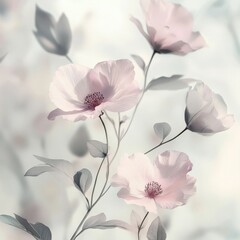 Fototapeta premium pale pink flowers with grey leaves on a white background