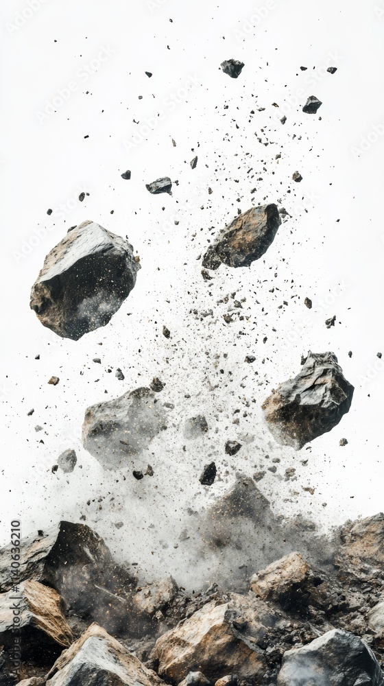Poster rocks exploding upwards with dust and debris on white background