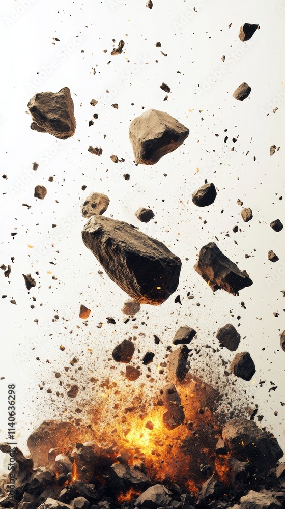 Poster rocks exploding from volcano eruption with white background