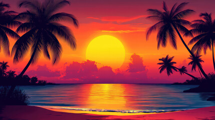 Serene sunset over tropical beach calm ocean reflects vibrant colors