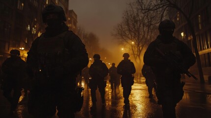 Fototapeta premium a group of armed figures walk down a city street at night