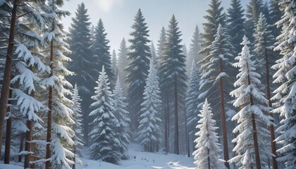 Fototapeta premium Dense forest of tall pine trees covered in fresh snow, pine forest, evergreen trees, wintery scenery