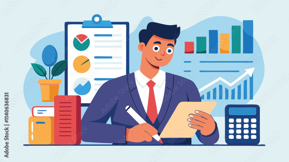 Poster business professional analyzing data and reports while sitting at a desk with charts and a calculato