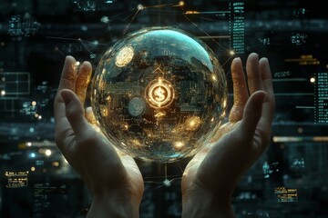 Holding the Future of Finance in a Glowing Digital Sphere, Showcasing Interconnected Data and Emerging Technology Through a Captivating Holographic Display