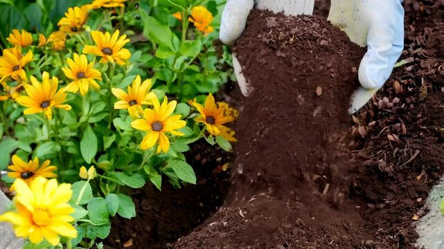 Gardener is Applying Mulch in a Beautifully Designed Landscape for Plant Care and Growth. Person in Gloves is carefully placing wood mulch around the colorful plants in a autumnal garden. Autumn work