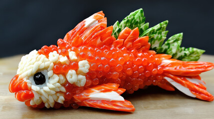 Intricate Japanese sushi art vibrant orange fish culinary masterpiece playful design delicious seafood artistic food edible art fine dining gourmet detailed creative skillful impressive stunning
