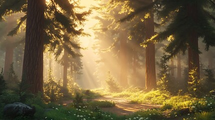 A Serene Pine Forest Glowing in Golden Light with Mist Rising from the Forest Floor