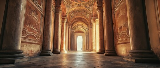 a grand hall with columns and arches