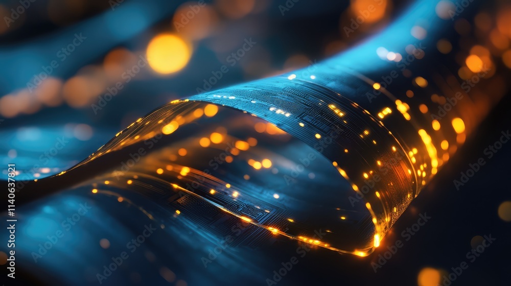 Poster A high-tech flexible microchip gently folded, with glowing pathways showing its seamless adaptability to curved surfaces