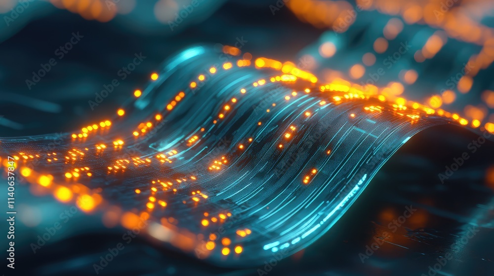 Poster A high-tech flexible microchip gently folded, with glowing pathways showing its seamless adaptability to curved surfaces