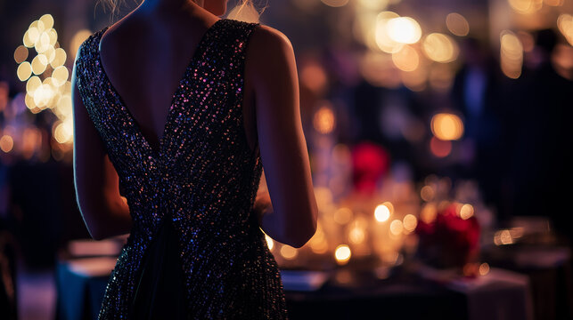 Elegant woman in sparkling black evening gown with an open back at luxury event, surrounded by warm bokeh lights and festive decor, party outfit themes, holiday celebrations, romantic advertising