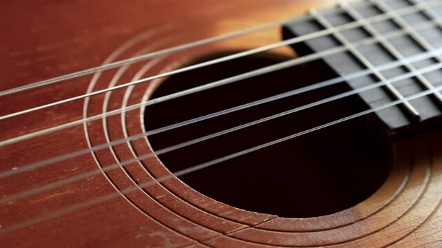 Close-up of playing acoustic guitar with nylon strings.
