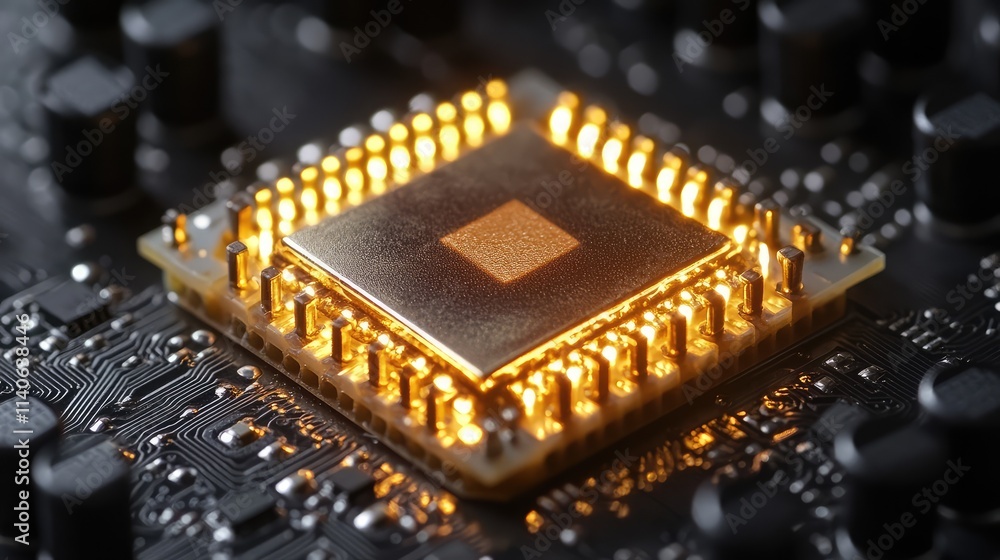 Poster a high-tech microchip with golden, glowing connections surrounded by a dark matte board, creating a 